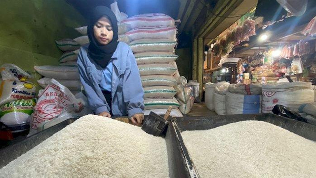 Pedagang tengah menata dagangannya di salah satu pasar di Jakarta, Selasa (3/5). Badan Pusat Statistik (BPS) mengatakan harga bahan kebutuhan pokok relatif terkendali seperti beras dan daging ayam.
