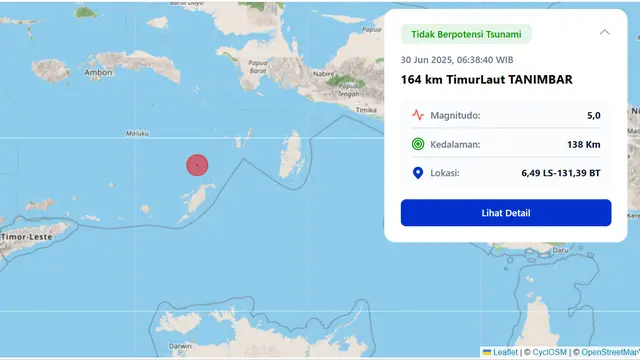 Gempa Magnitudo 5 Guncang Tanimbar, BMKG Pastikan Tidak Berpotensi Tsunami
