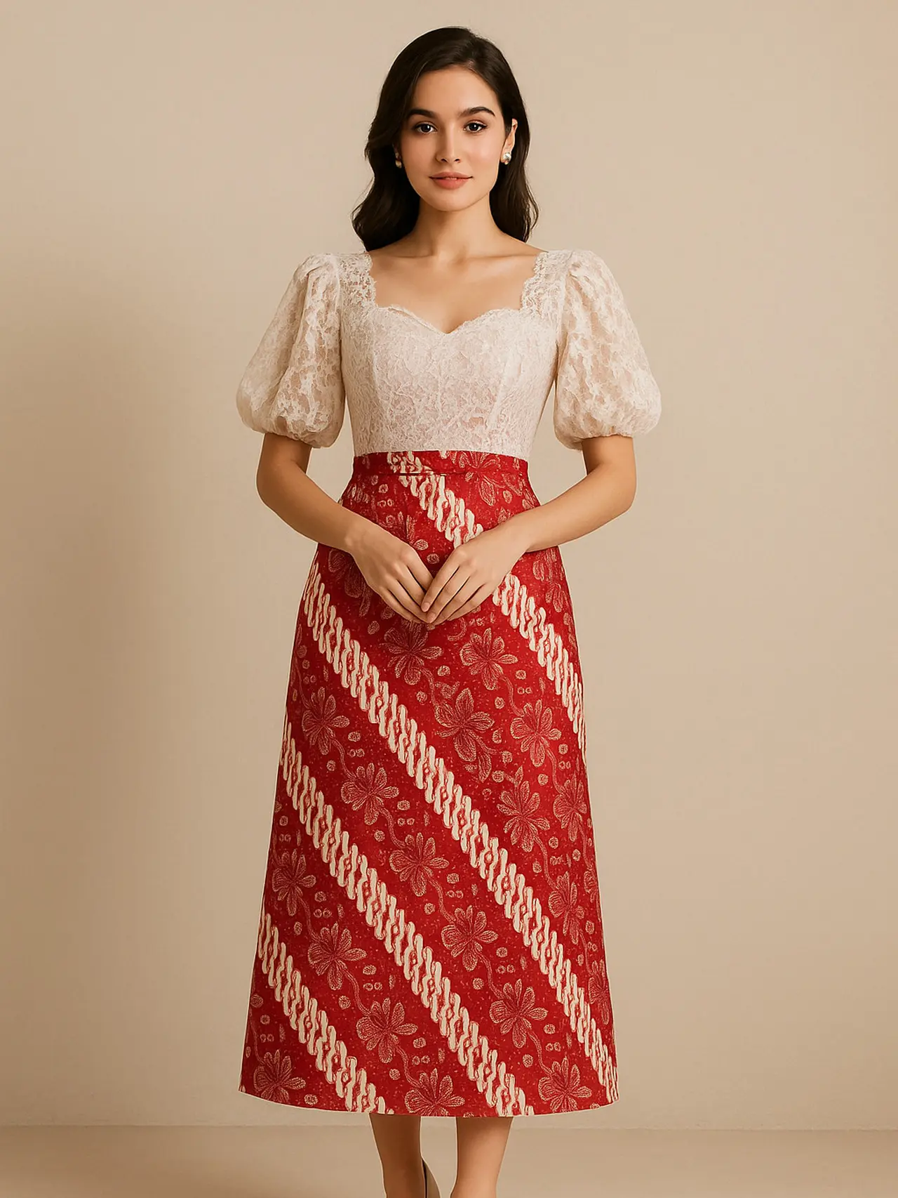 ⁠8 Dress Batik Kombinasi Brokat Lengan Balon (created by AI)