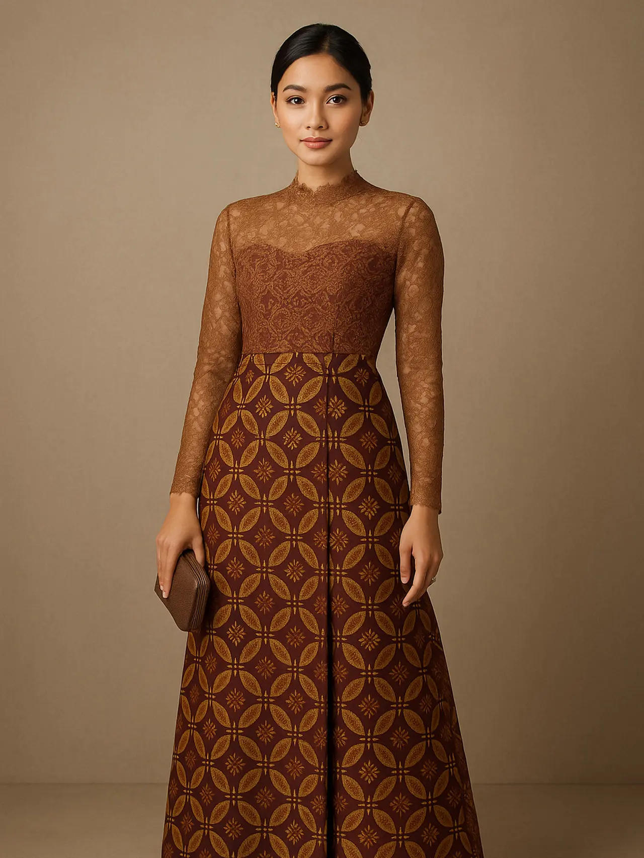 7 Inspirasi Long Dress Batik Brokat Lengan Panjang, Tampil Anggun dan Mewah di 2025 (sumber:AI)