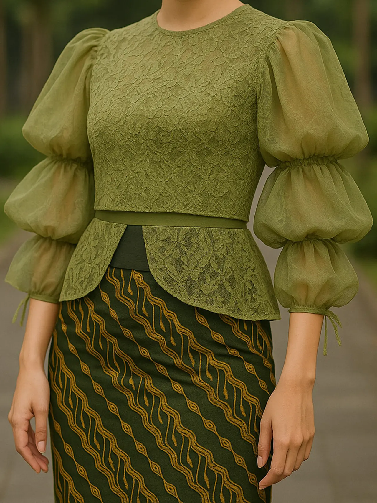 Batik Brokat Crop Top dengan Lengan Balon Dua Lapis