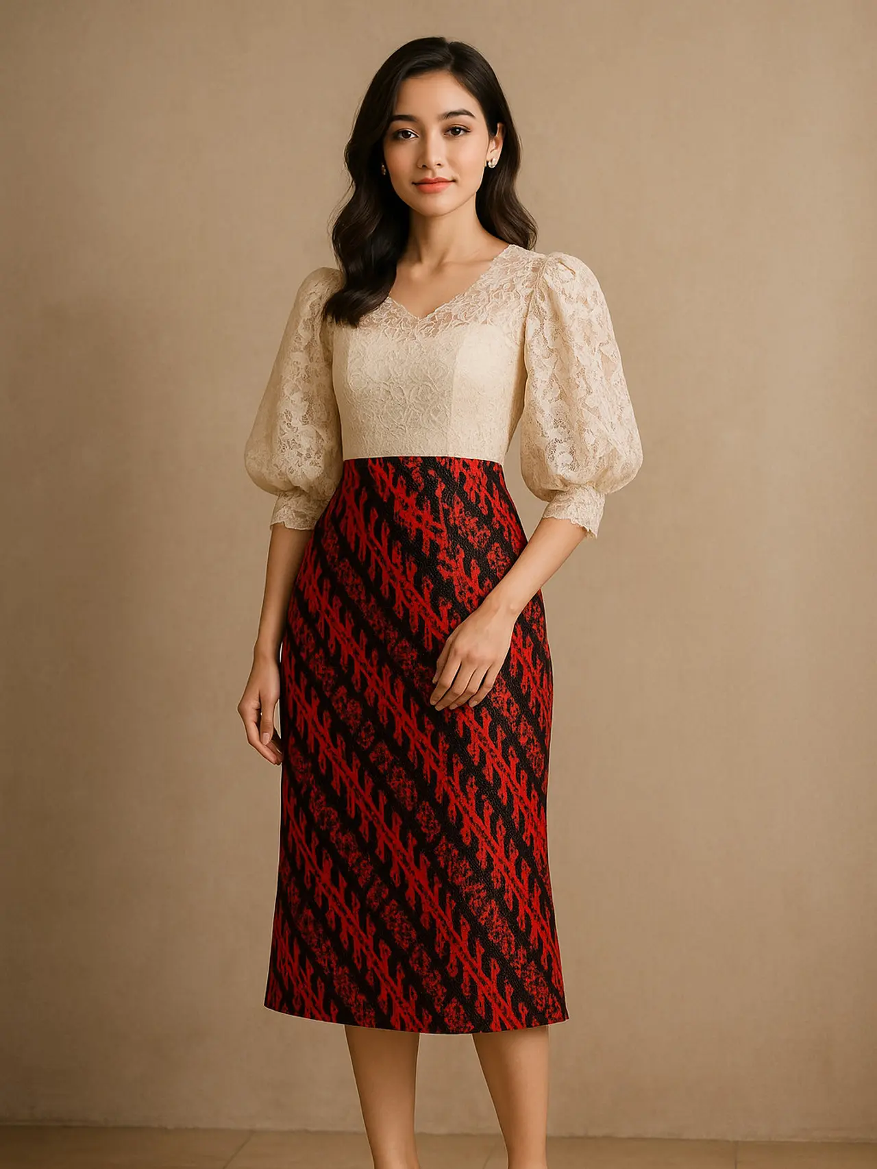 ⁠8 Dress Batik Kombinasi Brokat Lengan Balon (created by AI)