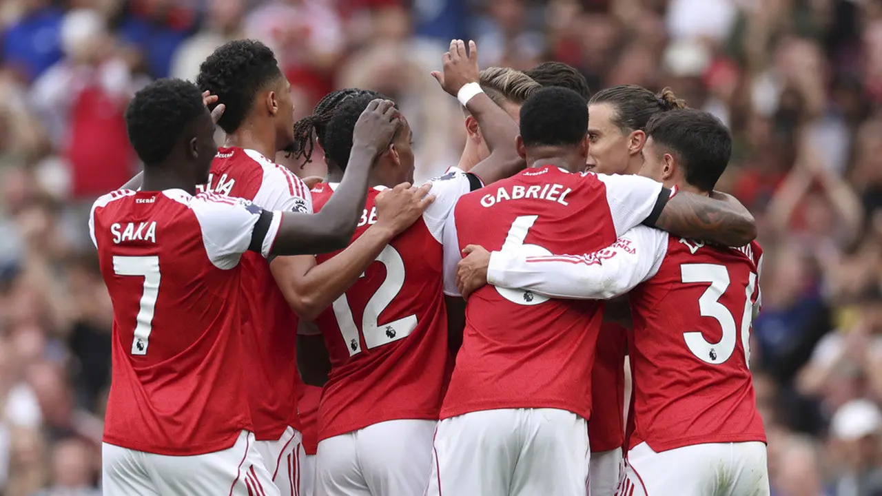 Selebrasi Jurrien Timber dkk. dalam laga Arsenal vs Leeds United di Premier League 2025/2026, Sabtu (23/8/2025).