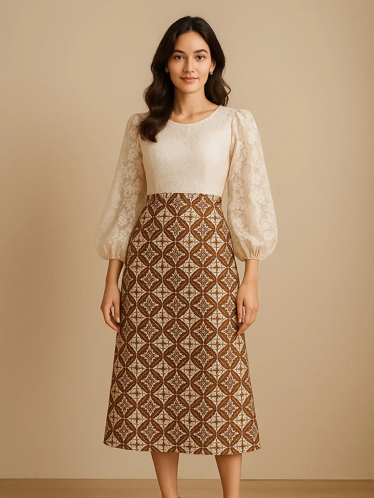 ⁠8 Dress Batik Kombinasi Brokat Lengan Balon (created by AI)
