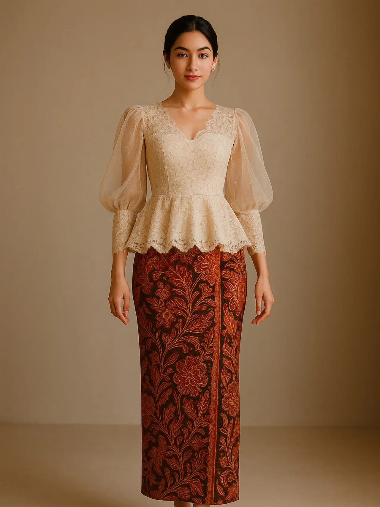 ⁠8 Dress Batik Kombinasi Brokat Lengan Balon (created by AI)