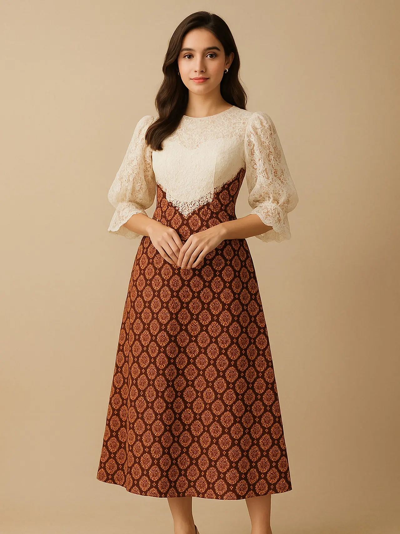 ⁠8 Dress Batik Kombinasi Brokat Lengan Balon (created by AI)