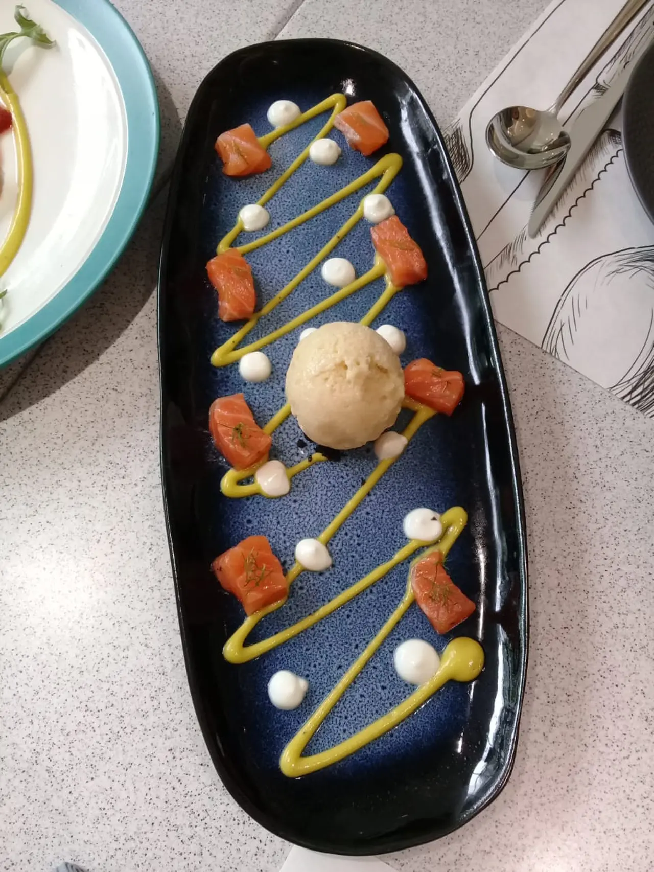 Marinated Salmon with Avocado Foam and Mustard Ice Cream (Ist)