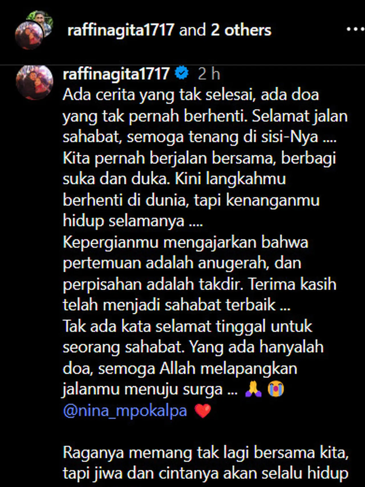 Ucapan duka sekaligus pesan hangat dari Raffi Ahmad yang mengenang kebersamaan Mpok Alpa dengan dirinya.