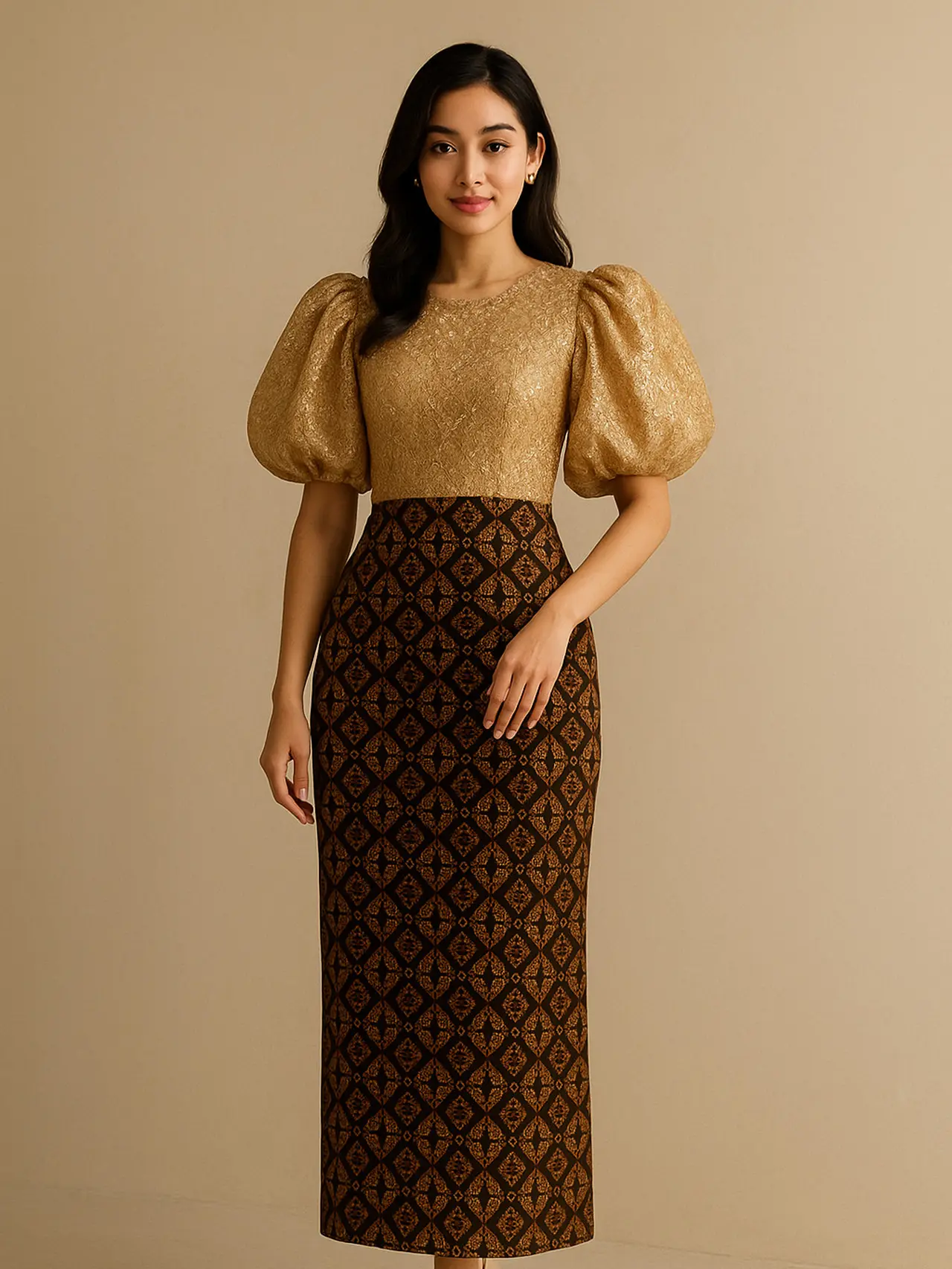 ⁠8 Dress Batik Kombinasi Brokat Lengan Balon (created by AI)