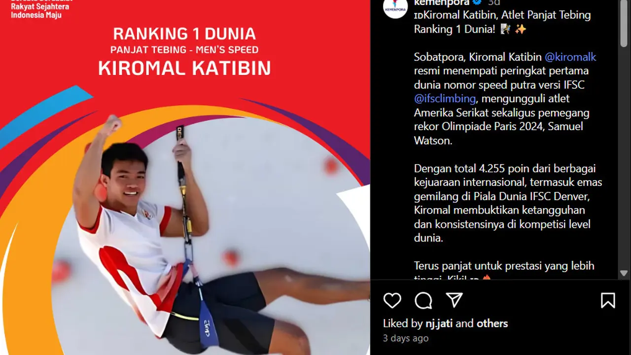 Kiromal Katibin meraih ranking 1 dunia panjat tebing - Men's Speed (Kemenpora Official)
