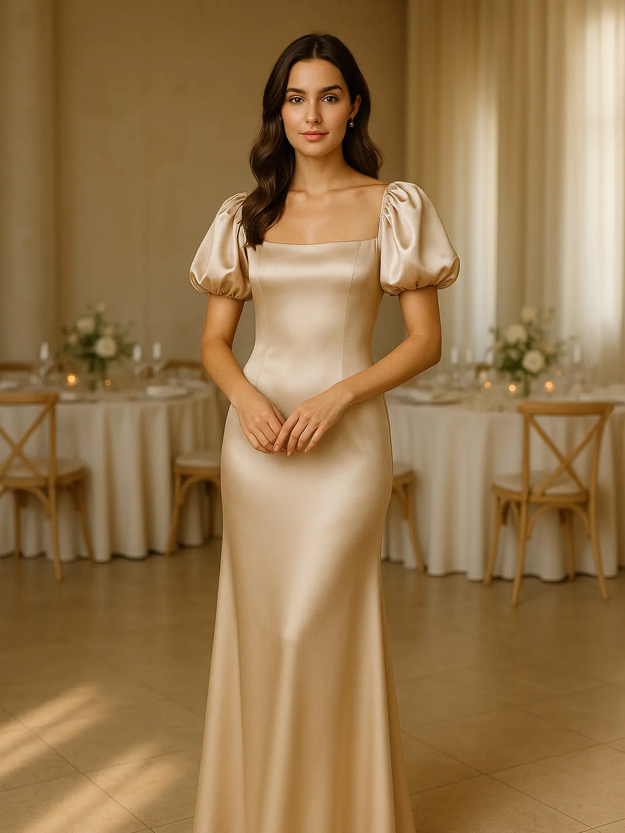 Pilihan Long Dress Satin Lengan Puff (created by AI)