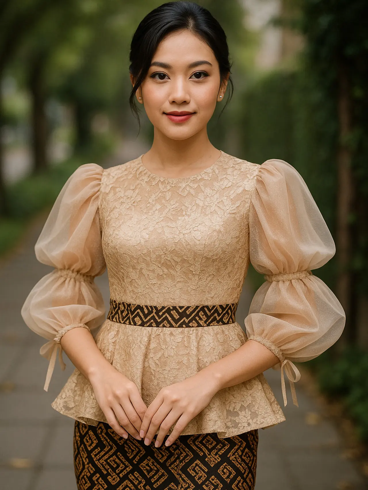 Model Batik Brokat Peplum dengan Lengan Balon Layered