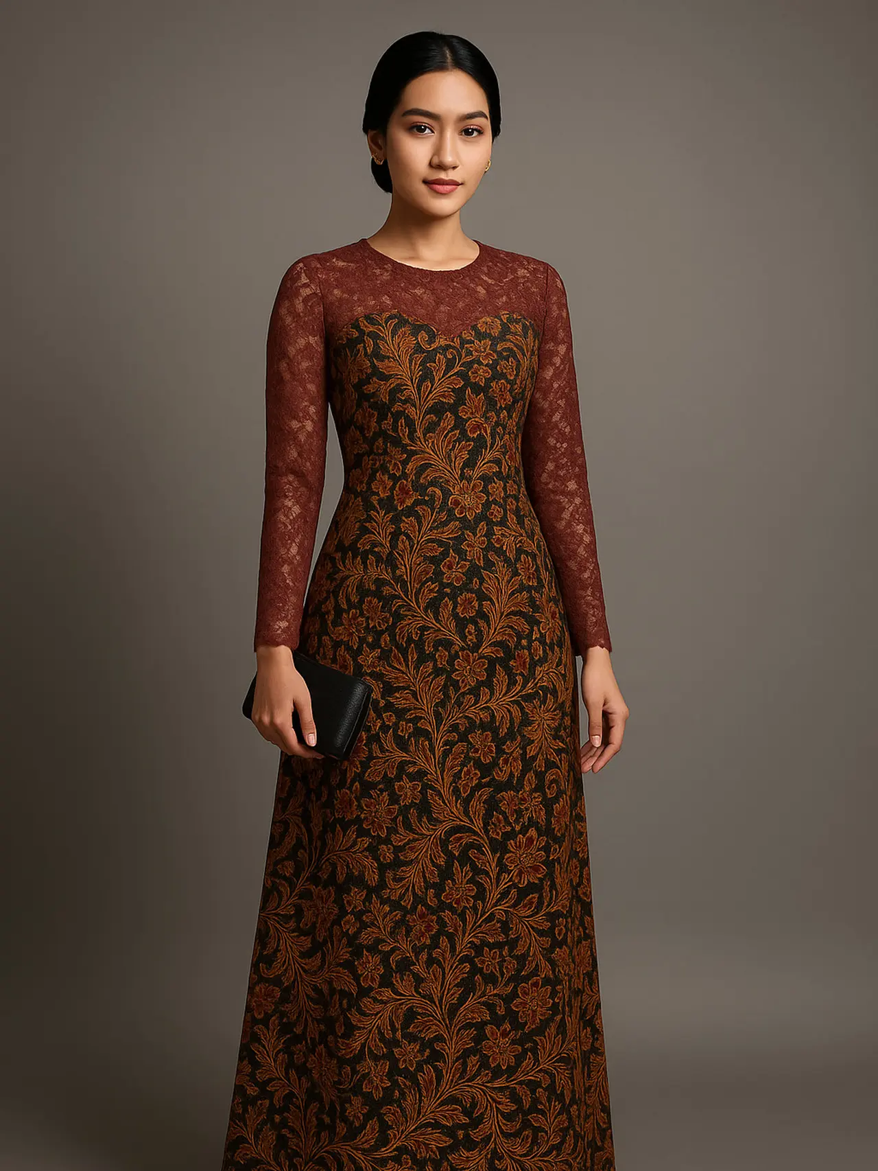 7 Inspirasi Long Dress Batik Brokat Lengan Panjang, Tampil Anggun dan Mewah di 2025 (sumber:AI)