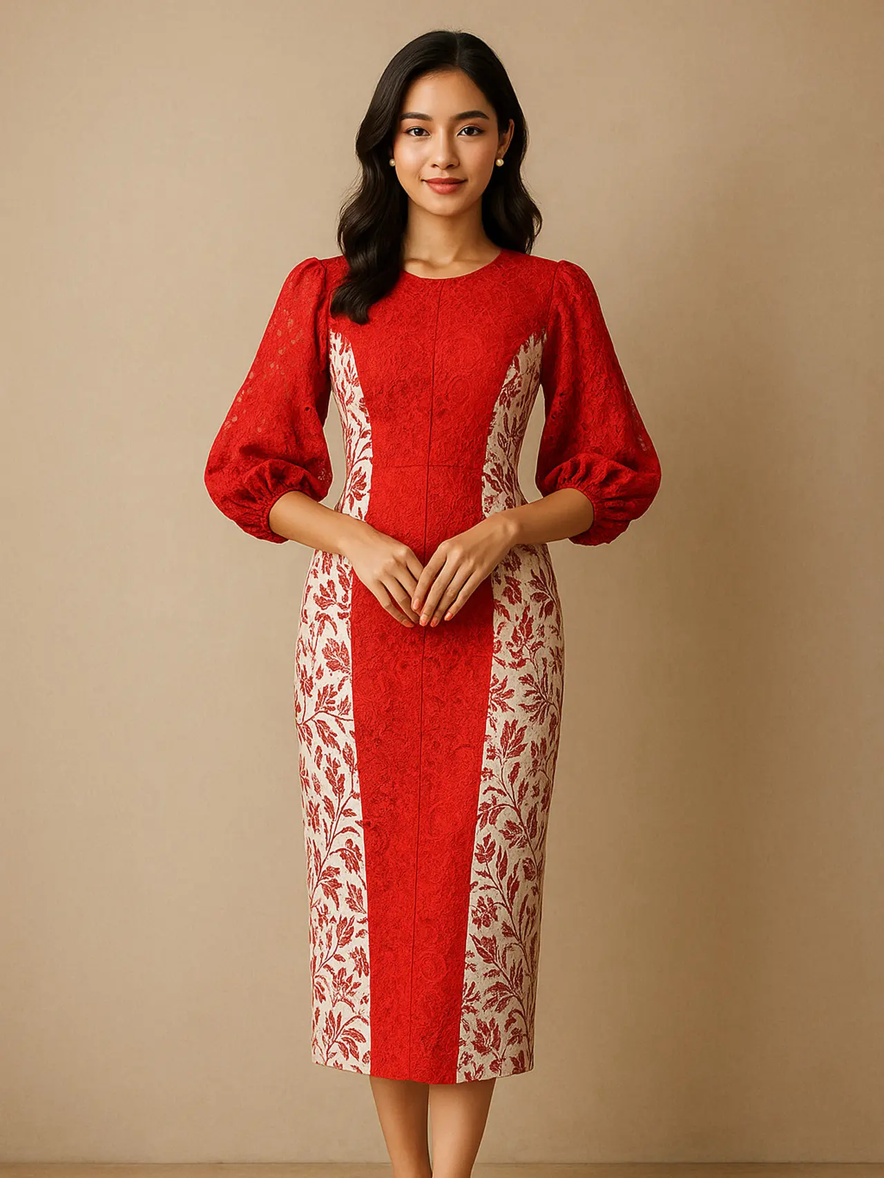 ⁠8 Dress Batik Kombinasi Brokat Lengan Balon (created by AI)