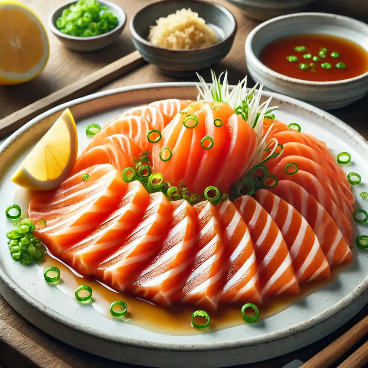 Salmon Sashimi dengan Saus Ponzu | copyright ChatGPT/AI