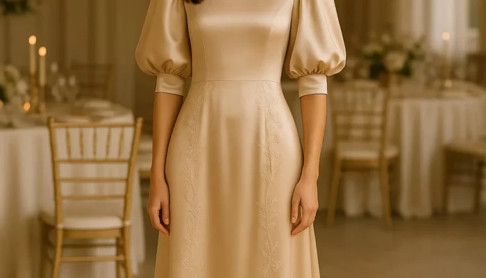 7 Pilihan Long Dress Satin Lengan Puff, Gaya Sederhana namun Anggun untuk Acara 2025
