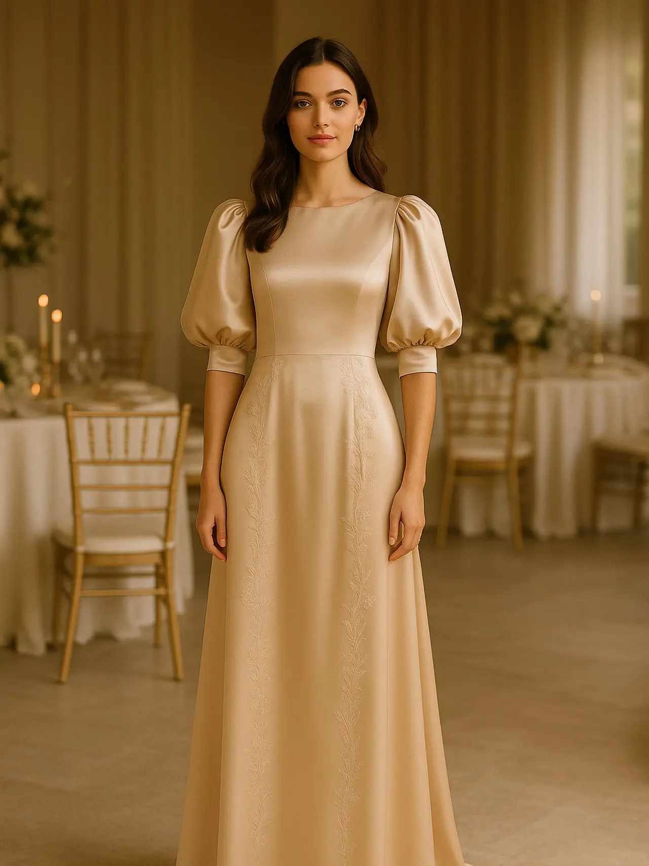 7 Pilihan Long Dress Satin Lengan Puff, Gaya Sederhana namun Anggun untuk Acara 2025