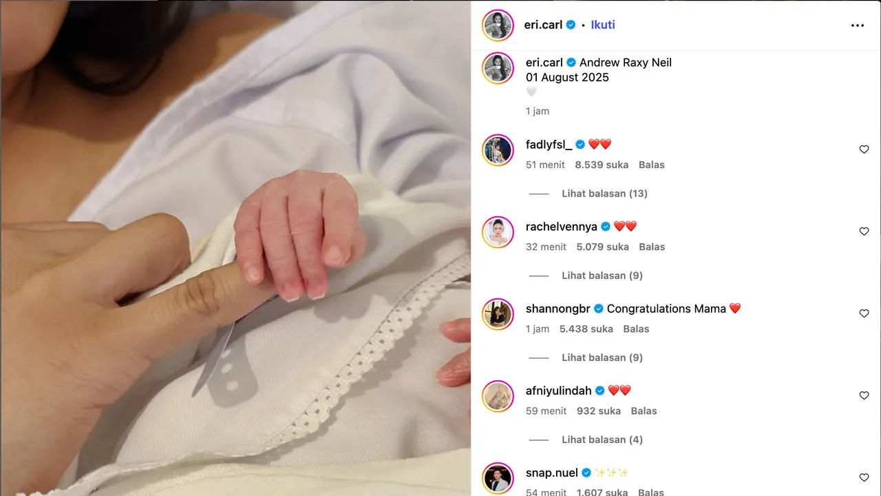 Erika Carlina Melahirkan Anak Pertama, Bayi Laki-Laki Diberi Nama Andrew Raxy Neil