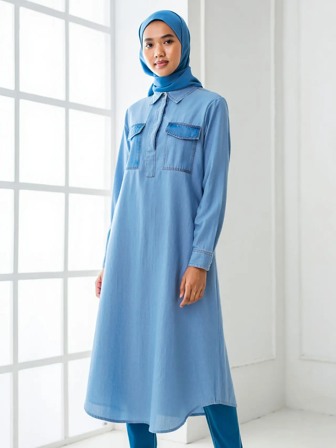 Midi Dress Muslim Kombinasi Linen Nyaman untuk Sehari-hari (AI)